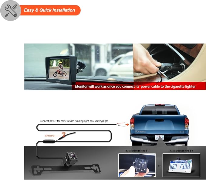 Digital Wireless Backup System, Waterproof and Night Vision Wireless License Plate Rear View Camera + 4.3’’ Wireless Display for RV, Cars, Truck, Vans