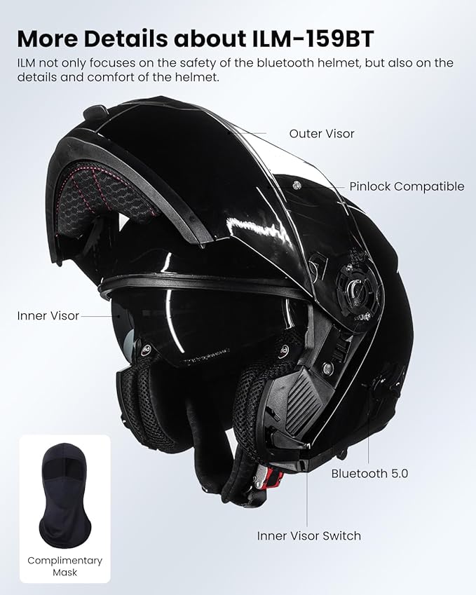 ILM 159BT Bluetooth Modular Motorcycle Helmet 2-3 Riders Intercom Full Face Flip up Casco DOT with Face Mask (GlossBlack, 2XL)