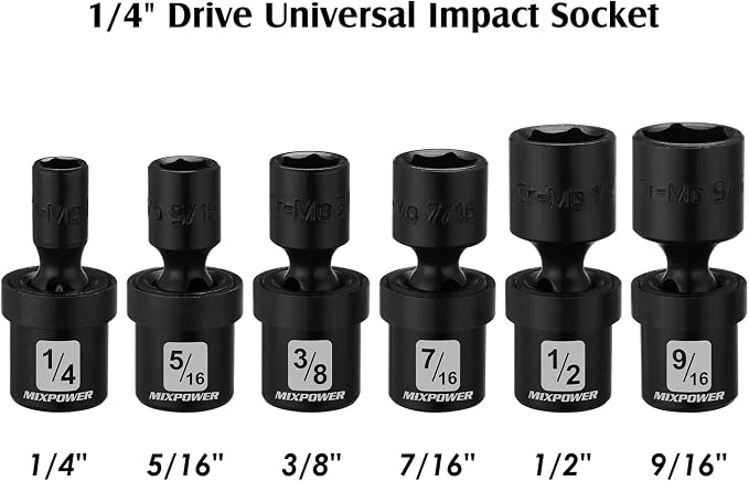 MIXPOWER 6PCS 1/4" Drive SAE Shallow Universal Impact Socket Set, 1/4" - 9/16", Swivel Socket with Flexible Wobble, CR-MO