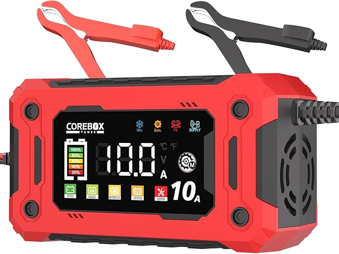 COREBOX 10-Amp Car Battery Charger,Support 1A 6A 0-10A,Trickle Charger for Car Battery 12v,Fast Battery Chargers Automobile 12volt,Smart Lifepo4,AGM,Lithium Battery Chargers for Auto Motorcycle Marine