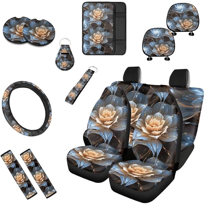 Crystal Lotus Flower Print 13 PCS Car Seat Covers Full Set Cartoon Floral Pattern Car Front Back Seat Cover Steering Wheel Cover Fit Auto SUV Trucks