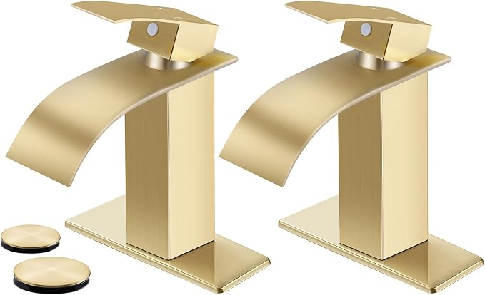 Brushed Gold Bathroom Faucets *2, Waterfall Bathroom Sink Faucet Modern Single Handle Bathroom Faucte 1 or 3 Hole, RV Mixer Tap Vanity Faucet - Includes Pop-up Drain