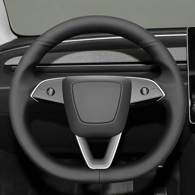 MEWANT Steering Wheel Cover for 2024 Tesla Model 3 Highland Hand Stitch Steering Wrap Made of Black Smooth Real Leather
