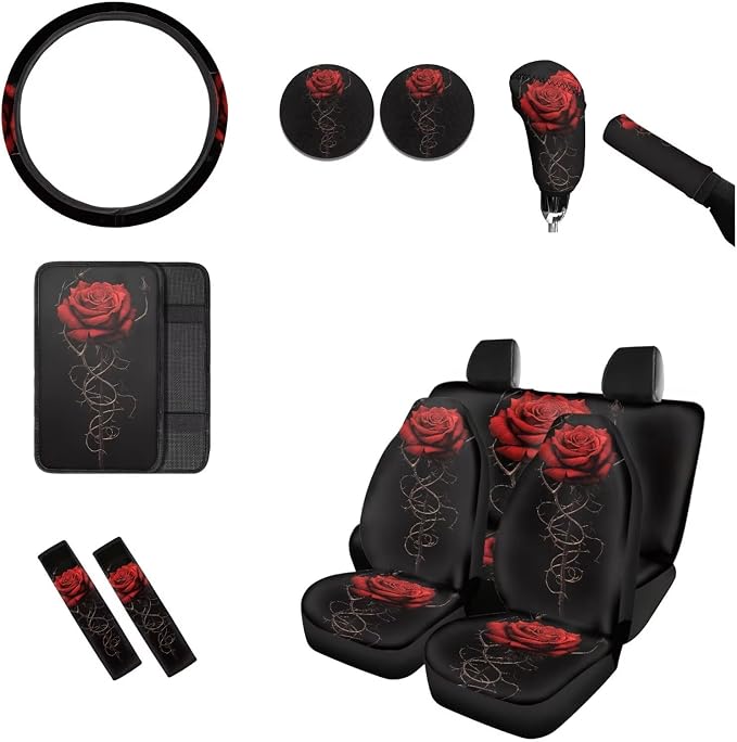 BIGCARJOB 12 Pcs Car Seat Covers Full Set for Women Interior Accessories Auto Seat Protector Set Red Rose Armrest Cushion,Seat Belt Pads,Steering Wheel Covers