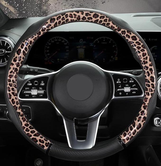 Peach Wood Grain Steering Wheel Cover Anti-Slip Breathable Durable Leather Four Seasons Universal 15 Inch Car Wrap Cover (Leopard-Coffee)