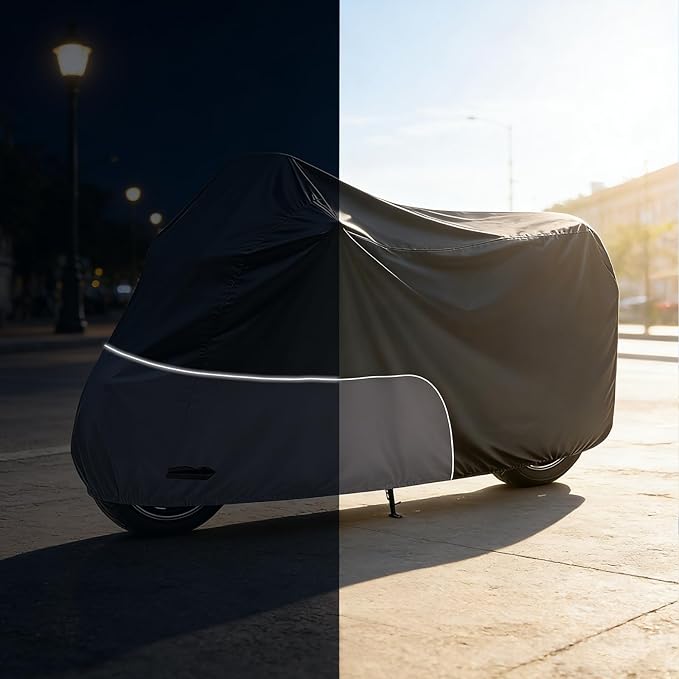 Motorcycle Cover 86 Inch with Relfection Strip, Compatible with Harley Davidson,Yamaha, Honda, Suzuki, Kawasaki All Weather Waterproof Outdoor and Dustproof Indoor, Black&Grey