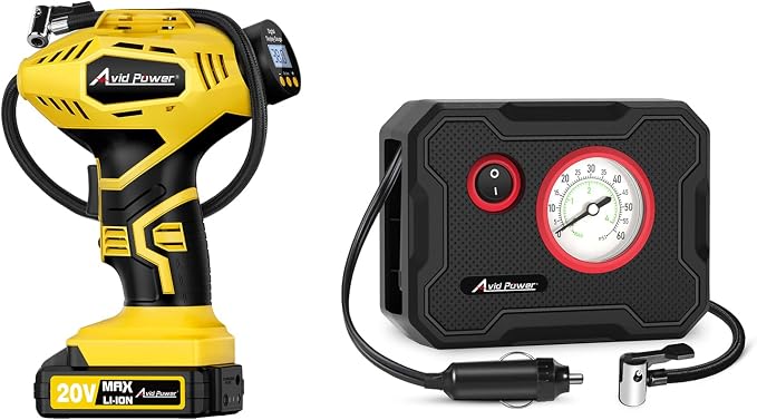 AVID POWER 20V Cordless Tire Inflator Portable Air Compressor bundle with 12V Portable Car Tire Pump