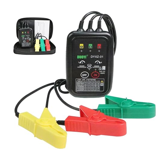 Phase Rotation Meter 3 Phase Sequence & Motor Rotation Tester, Non Contact Voltage Tester Short Detection 70V~600V AC Live Wire Inspection, with 23.62inch Cable Length,Carrying Bag