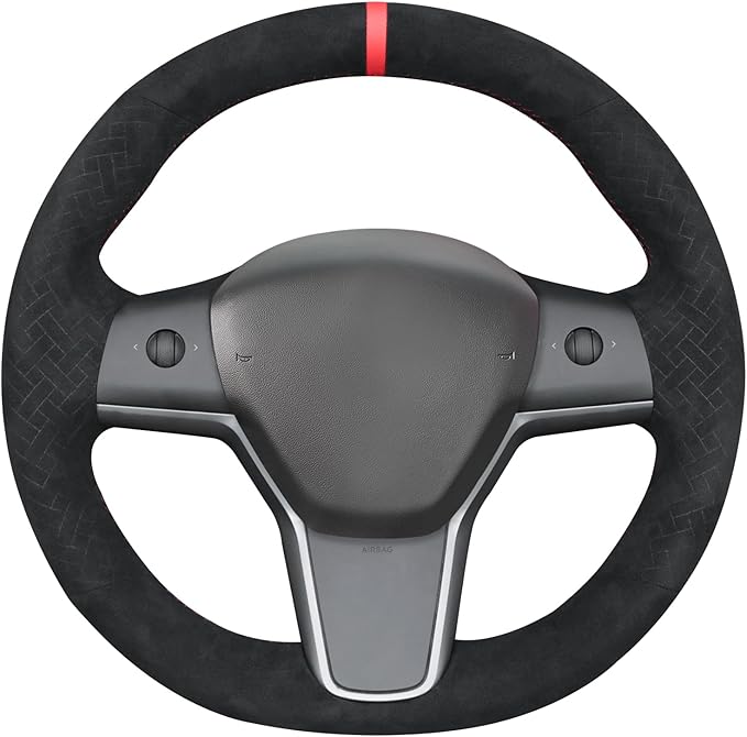 MEWANT Hand Stitch Black Woven Embossed Athsuede Steering Wheel Cover Wrap for Tesla Model Y 2023 Model 3 2017-2023