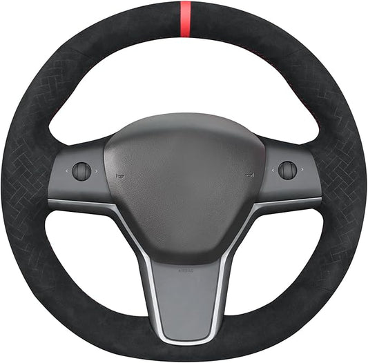 MEWANT Hand Stitch Black Woven Embossed Athsuede Steering Wheel Cover Wrap for Tesla Model Y 2023 Model 3 2017-2023