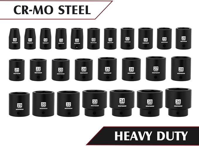 MIXPOWER 26 Piece 1/2 Inch Drive Impact Socket Set,Metric,Shallow,10mm to 36mm, Cr-Mo Alloy Steel, Radius Corner Design, Impact Grade