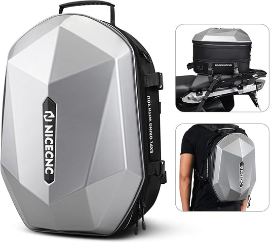 NICECNC Motorcycle ATV Helmet Backpack Hardshell, 38L Large Capacity Motorcycle ATV Rear Seat bag Tail Bag Expandable Helmet Storage Bag Travel Luggage Bag for Riding Camping Hiking, 8 Straps, Black