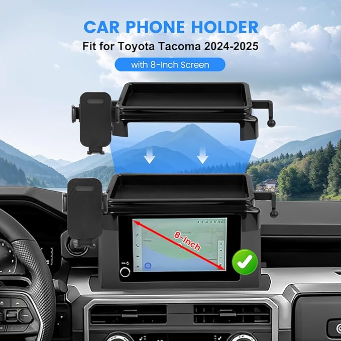Car Phone Holder Compatible with Toyota Tacoma 2024 2025 Accessories 8-Inch Screen Fixed Clip, Cell Phone Mount with Dash Organizer Center Console Tray Hands-Free 360° Rotation