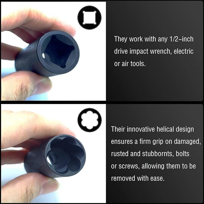 16PCS Twist Lug Nut Socket Set - 1/2 inch Drive Damaged Nut Lock Remover Extractor - Rusted & Strip & Stripped & Stuck Locking Nut Removal Tool Kit with 8-27mm Sockets & Center Punch Bar