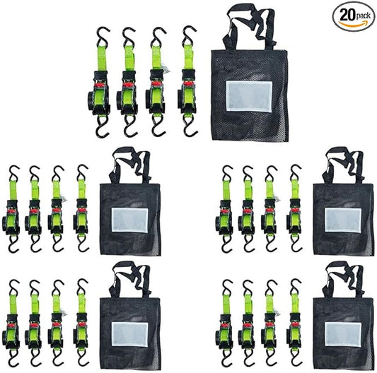Mytee Products 20 Pack Retractable Ratchet Tie Down Straps w/S Hook - 1,500lb Break Strength Self Retracting Ratchet Straps for Haul Motorcycles, ATVs, Bikes, Trailer Tie-Down