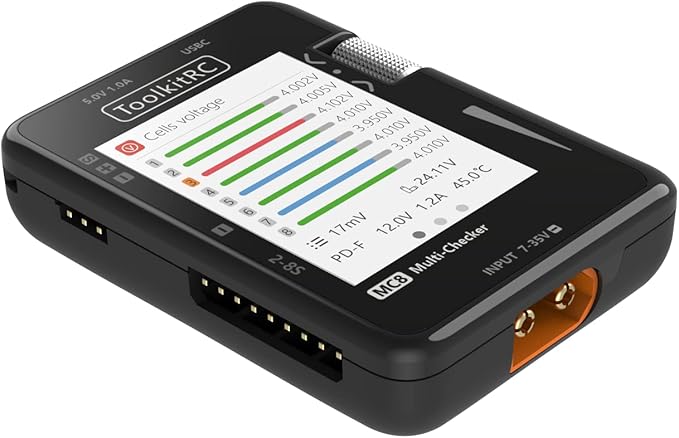 ToolkitRC MC8 Mini Size Cell Checker 32 Bit Battery Multi-Checker PWM Output PPM SBUS Readout for lipos ESC Servo Tester Tool Multi Tool with USB-C Fast Charging