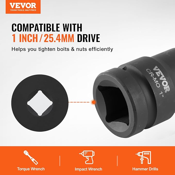 VEVOR Axle Nut Impact Socket Set - 1" Drive 6-Point 9-Piece SAE Spindle Nut Socket CR-MO Heat Treated Large Socket Set with Storage Case for Auto Repair, Removing or Installing Axle Nuts