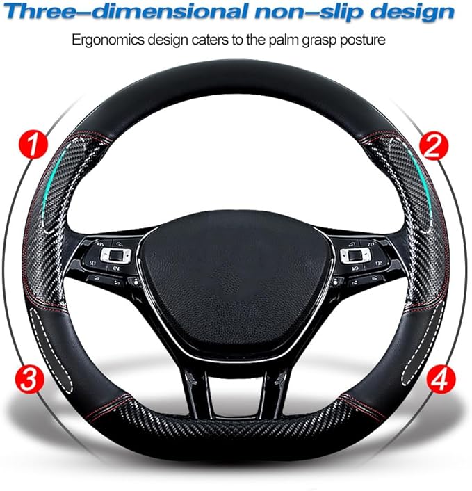 HAOTULE Car Carbon Fiber and Leather D-Shape Steering Wheel Cover, Stylish car Non-Slip Leather car Interior 15 inches Universal Black and Red