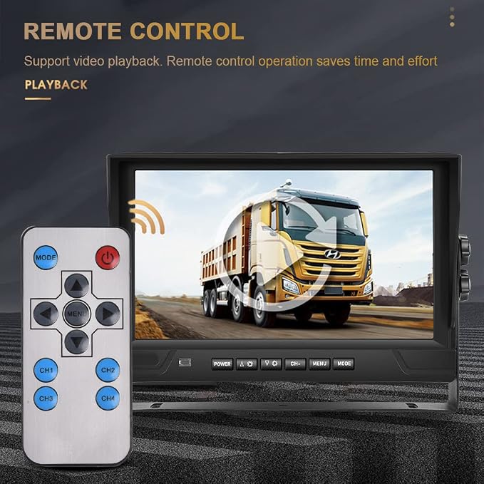 9 Inch 4-Channel 1080P Wired Backup Camera System with DVR, Quad Split Screen Monitor, 4 Waterproof Night Vision Cameras Included, Loop Recording, Remote Control for Truck/RV/Trailer/Bus/Car