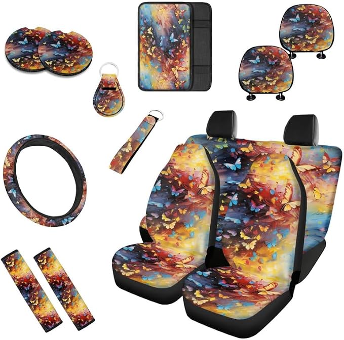 Colorful Butterfly Hand Drawing 13 Pcs Seat Covers Full Set Rainbow Butterfly Art Painting Front Back Seat Covers Steering Wheel Seatbelt Strap Cover Cup Mat Keychains