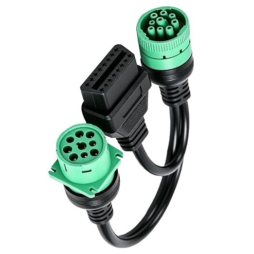 2 Pack Green Type 2 9 Pin J1939 Male to J1939 Female/16 Pin OBD2 Splitter Y Cable for Heavy Duty Truck