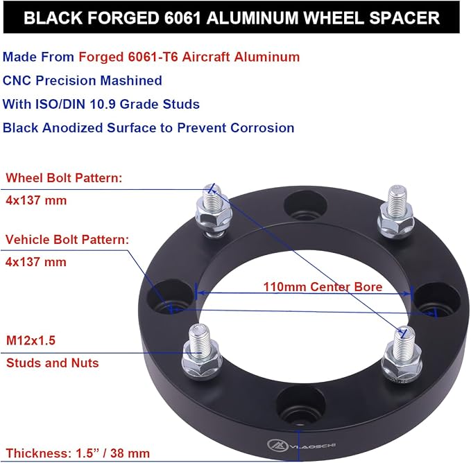 Black Forged 4x137 ATV Wheel Spacers 1.5 Inch with 12x1.5 Studs Compatible with Honda Can-Am 4 Lug for 2019-2022 Talon 1000R 1000X | 2016-2022 Pioneer 1000 | 2017-2022 Maverick X3 - Pack of 2