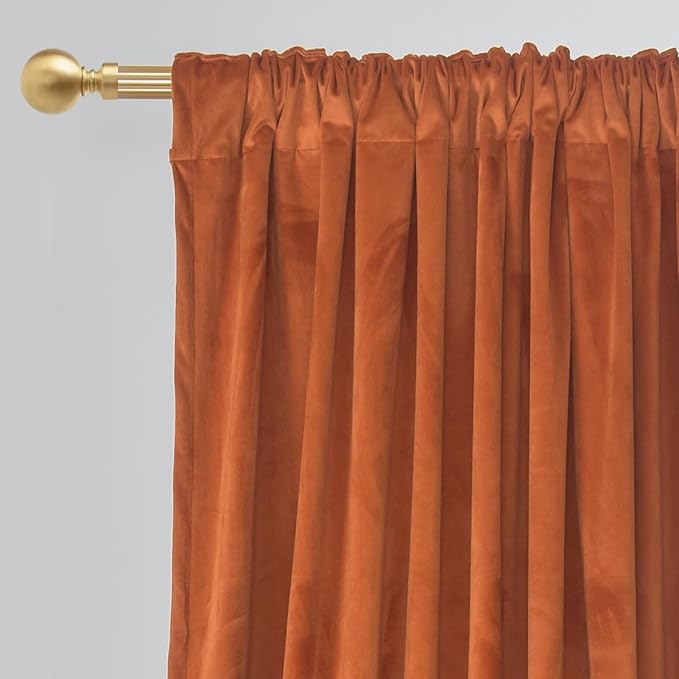 Roslynwood Luxury Soft Russet Orange Velvet Curtains 108 inches Long Back Tab Thermal Insulated Blackout Window Drapes for Living Room/Bedroom/Dining Room, W52 x L108, 2 Panels
