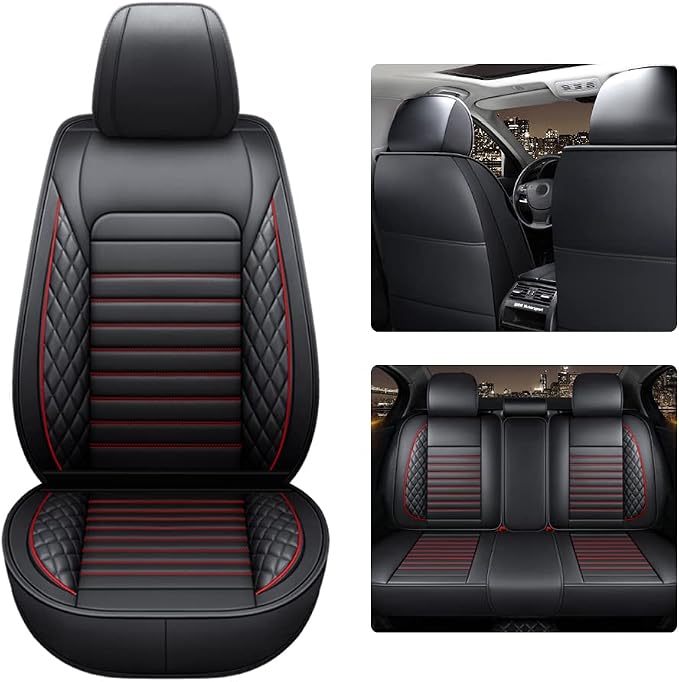 otoez Car Seat Covers Full Set, Black Leather Seat Cover Universal Fit for Most Car SUV Sedan Pick-up Truck, Waterproof Automotive Front and Back Seat Protector (Red+Black)