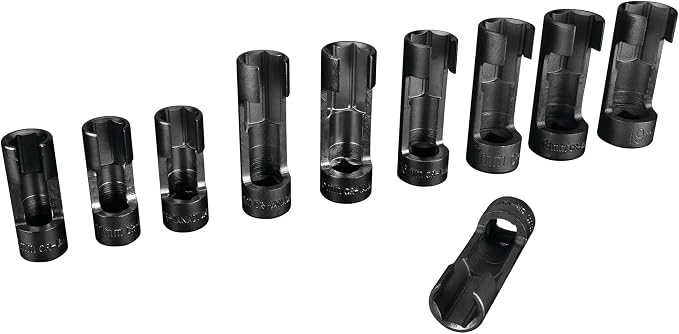 Performance Tool W84027 10 pc. 3/8-in. Dr. Flare Nut Socket Set for Tight Spaces: 10-19mm Sizes, Useful for Sensors, ABS, Master Cylinders, Chrome Vanadium Steel, Black Phosphorus Finish