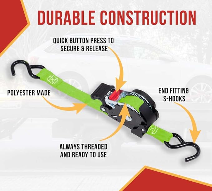 Mytee Products 4 Pack Retractable Ratchet Tie Down Straps w/S Hook - 1,500lb Break Strength Self Retracting Ratchet Straps for Haul Motorcycles, ATVs, Bikes, Trailer Tie-Down