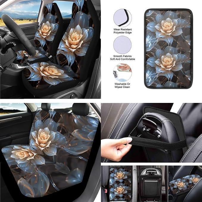 Crystal Lotus Flower Print 13 PCS Car Seat Covers Full Set Cartoon Floral Pattern Car Front Back Seat Cover Steering Wheel Cover Fit Auto SUV Trucks