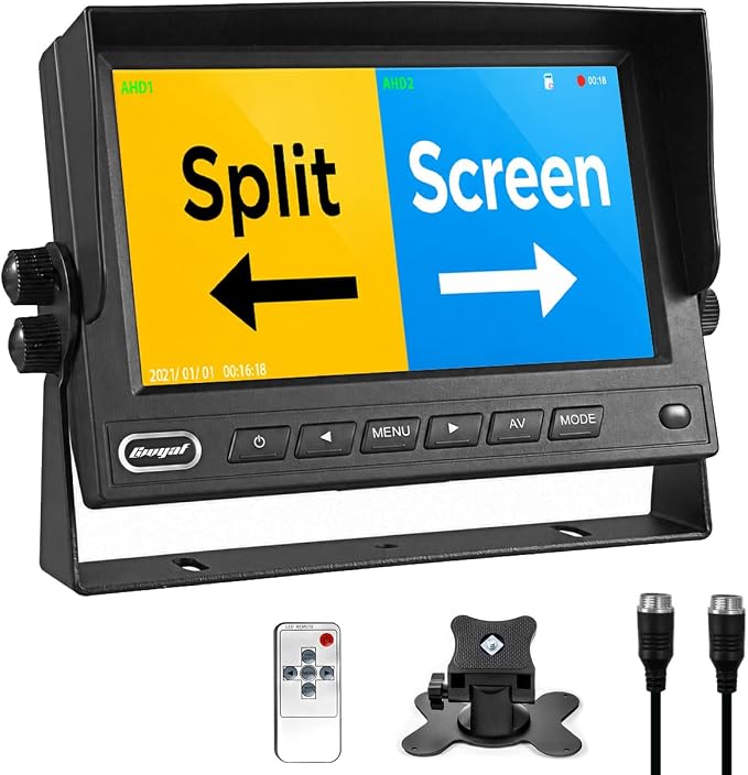 7" Car Monitor with DVR Recording Dual Split Screen Display 4-Pin Connector | 1024x600 IPS Screen, DVR Loop Recording, Supports 2 camera inputs (CVBS & AHD), Compatible 4-Pin Vehicle Camera Systems