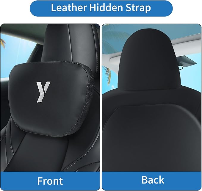 Nappa Leather Car Neck Pillow for Tesla Model Y Model 3 Juniper/Highland Headrest Pillow Memory Foam Ergonomic Design Breathable Height Adjustable Accessories (Black-2 pcs-Y)