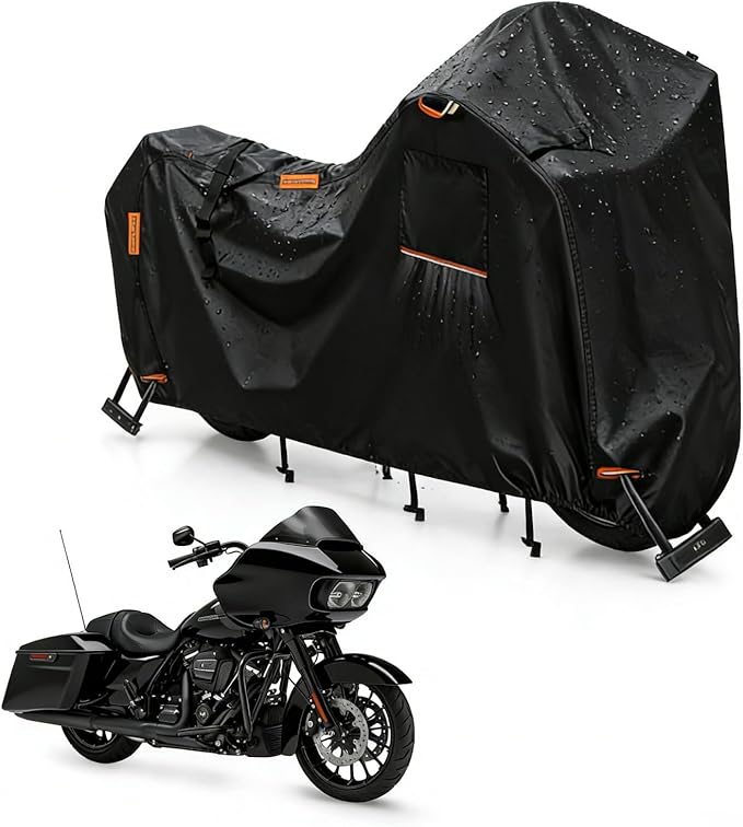 Saking 3XL Larger Motorcycle Cover for Harley Davidson, Heavy Duty 420D Waterproof Outdoor Cover with Lock Holes & Air Vents, Fits Touring, Cruiser, Adventure Bikes (Widened Rear Design)
