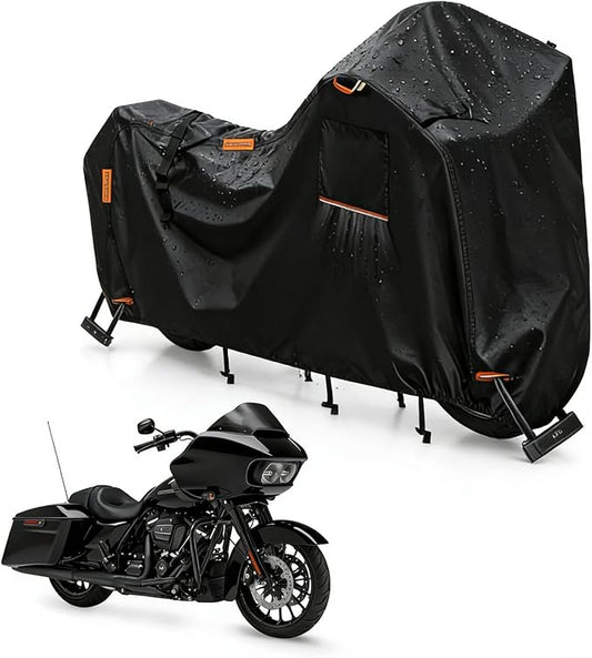 Saking 3XL Larger Motorcycle Cover for Harley Davidson, Heavy Duty 420D Waterproof Outdoor Cover with Lock Holes & Air Vents, Fits Touring, Cruiser, Adventure Bikes (Widened Rear Design)