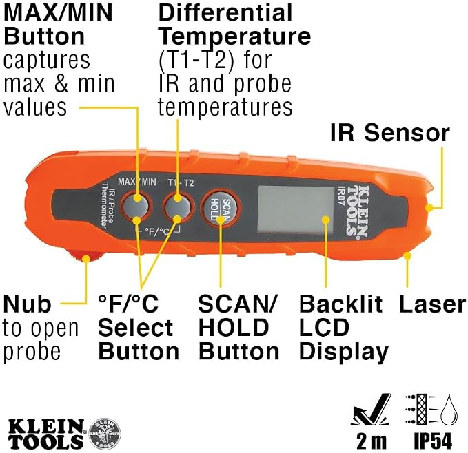 Klein Tools IR07 Dual Infrared (IR) and Probe Pocket Size LCD Digital Thermometer & ET10 Magnetic Digital Pocket Thermometer