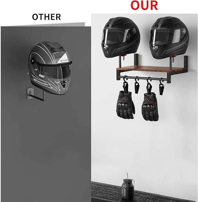 Helmet Rack Wall Mount, Motorcycle Helmets Holder with Wall Storage Hook, Wooden Motorcycle Helmet Display Stand, Retro Bike Helmets Storage Organizer, Motorcycle Accessories for Men