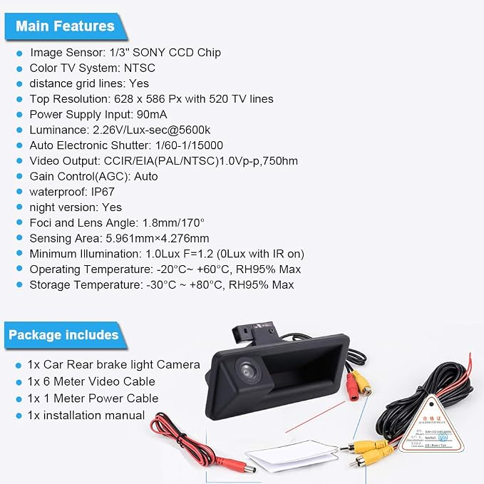 HD Trunk Handle 170° Rear View Reversing Camera Parking Aids System Compatible with BMW 520Li 525Li 530i 535Li 328Li 320Li Z3 Z4 Z8 i3/328i/F30 316i/F15/E60 E61 E70 E71 E72 E82 E88 E84 E90 E91 E92 E93