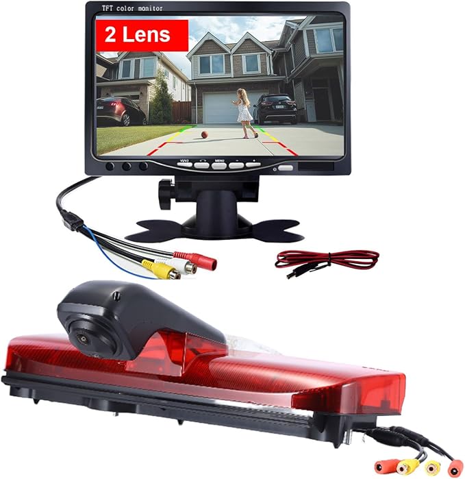 3rd Brake Light Reverse Camera with Two Lens+7" LCD Monitor, Dual Cameras Backup Camera Replacement for Van Ford Transit Connect 2 II/XL Cargo Titanium Passenger 2014-2022