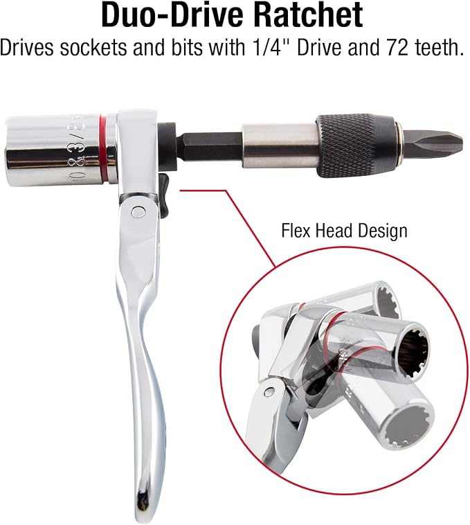 Sunex 9732 44Pc 1/4" Dr Mini Dual Flex Head RATCHET W Socket & Bit Set & Klein Tools 65200 Ratchet Set, 5-Piece Mini Ratchet Set with Phillips, Slotted, and Adapter for Other Socket Sizes
