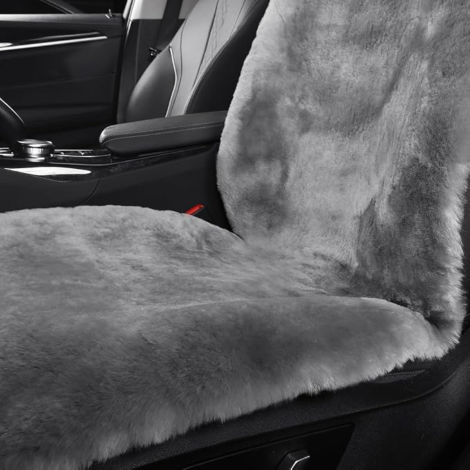 Fluffy Fur Sheepskin Car Seat Cover Automotive Interior Accessories Seat Covers Accessories Seat Cushions， Soft Natural Pure Wool ，Universal Fits Most Cars SUVs (Grey, Universal Fit, Pack of 2)
