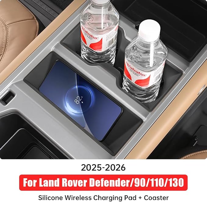 Center Console Storage Box for 2025-2026 Land Rover Defender 90 110 130 Wireless Charging Mat Cup Holder Interior Storage Silicone Mat Tuning Supplies Accessories (2025 Defender (Black))