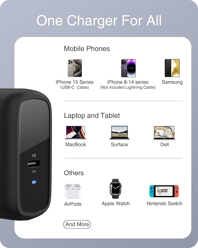 Nekteck Travel Fast Charging Kit, 65W USB-C Charger & 45W USB-C Car Charger (USB-C Cable Included)