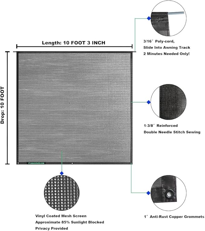 Leaveshade RV Awning Sunshade Screen 10' X 10' 3'' (Fit for 11' Awning) Mesh Sun Shade Block Front Glare Motorhome Camper Trailer Awning Shade UV Sunblocker Sunscreen - 3 Year Warranty (Black)