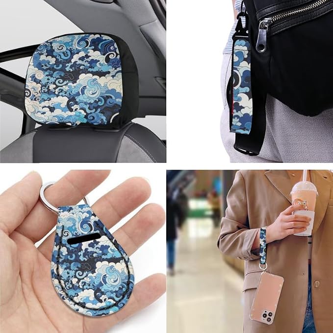 The Great Wave Off Kanagawa Pattern 13 Piece Car Seat Covers Retro Blue Swirl Wave Print for Women Steering Wheel Cover Cup Coasters Seat Belt Pads Cover