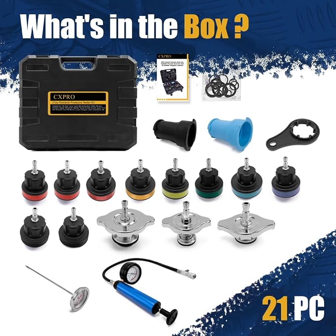 21pc Coolant Pressure Tester Kit, 15 Radiator Adapters & Wrench, with Vacuum Pump & Probe Thermometer for Automotive Cooling System Pressure Tester Kit