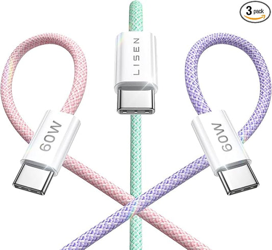 LISEN USB C Cable, 3-Pack [3.3/3.3/3.3FT] USBC to USBC Cable for iPhone 16e 15 Pro Max Charger Cord, 60W (3.1A) C to C Cable Fast Charging for Samsung S25/S24/23, Switch 2, iPad, MacBook
