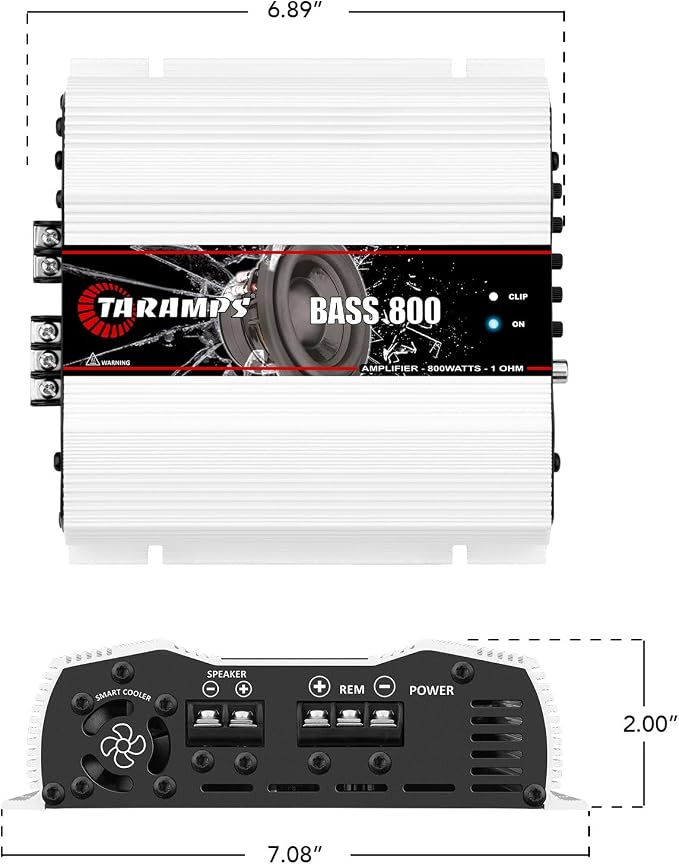 Taramp's Bass 800 1 Ohm Monoblock Amplifier 800 Watts Rms 1 Channel, 14.4VDC Out Power Full Range, Great for Sub/Bass - RCA/High Level Input, Car Audio