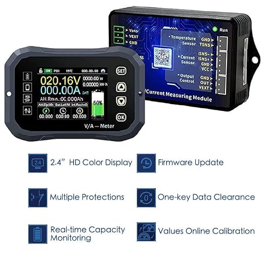 600A Bluetooth Battery Monitor, Wireless Voltage Current Meter with Smart Shunt 0-120V + 2.4'' HD Display, Support APP Control Coulometer for 12V RV Boat Golf Cart Battery (KG-160F)