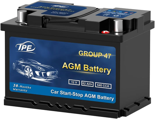 TPE AGM Battery BCI Group 47, Maintenance Free 12V 62Ah, H5 Size, 100RC, 640CCA, Automotive Battery, Reliable Performance for Cars Lead-Acid